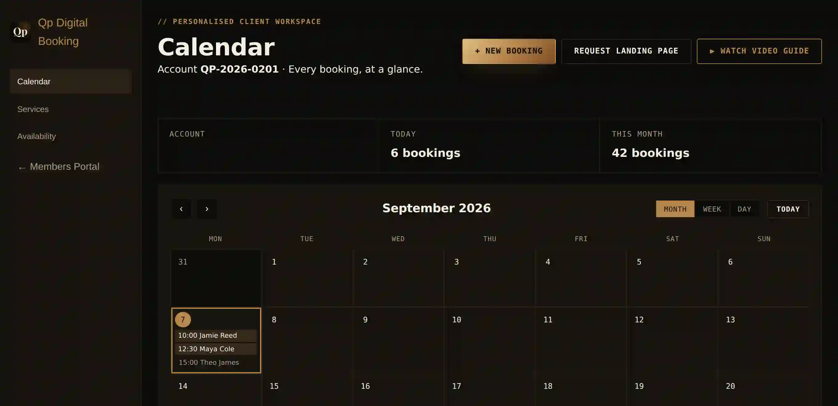 Real screenshot of the Qp Digital Booking System calendar, showing a month view with today's appointments and the Month/Week/Day view switcher