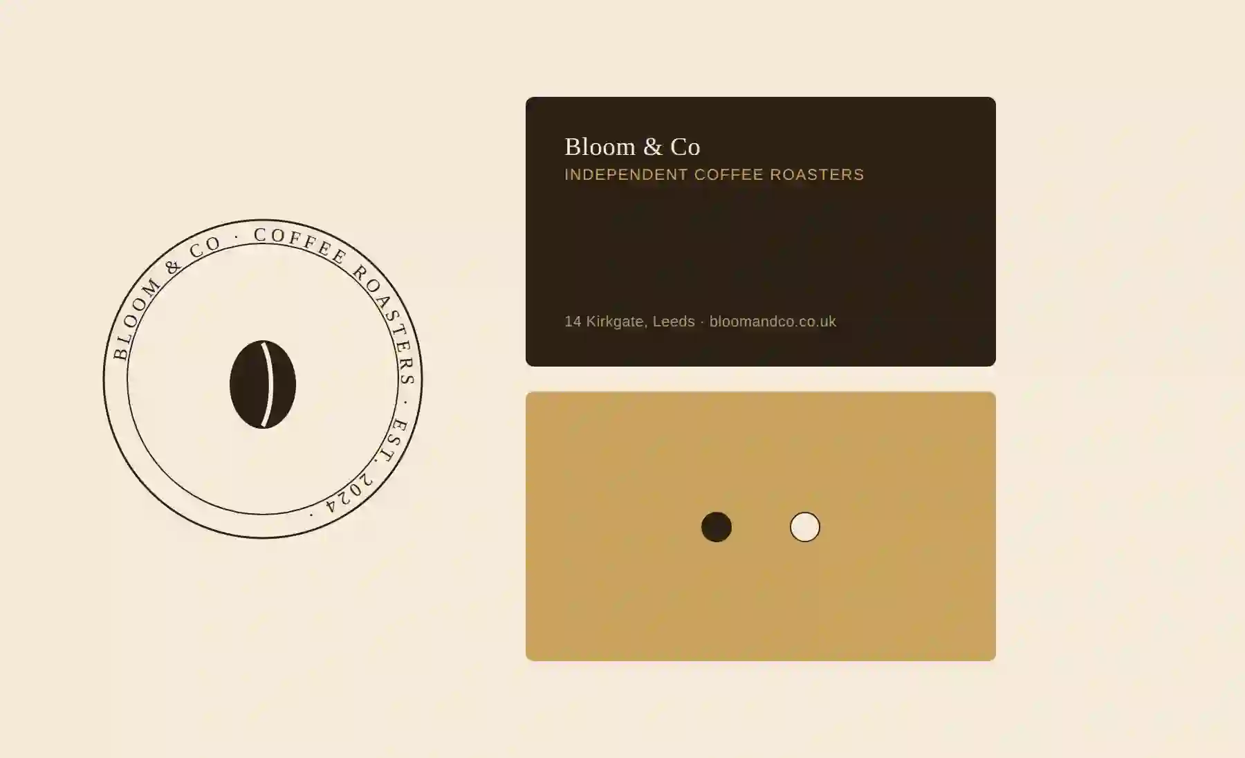 Example logo and business card design for an invented coffee roastery, Bloom & Co — a circular badge logo with a coffee bean mark, on cream and brown business cards