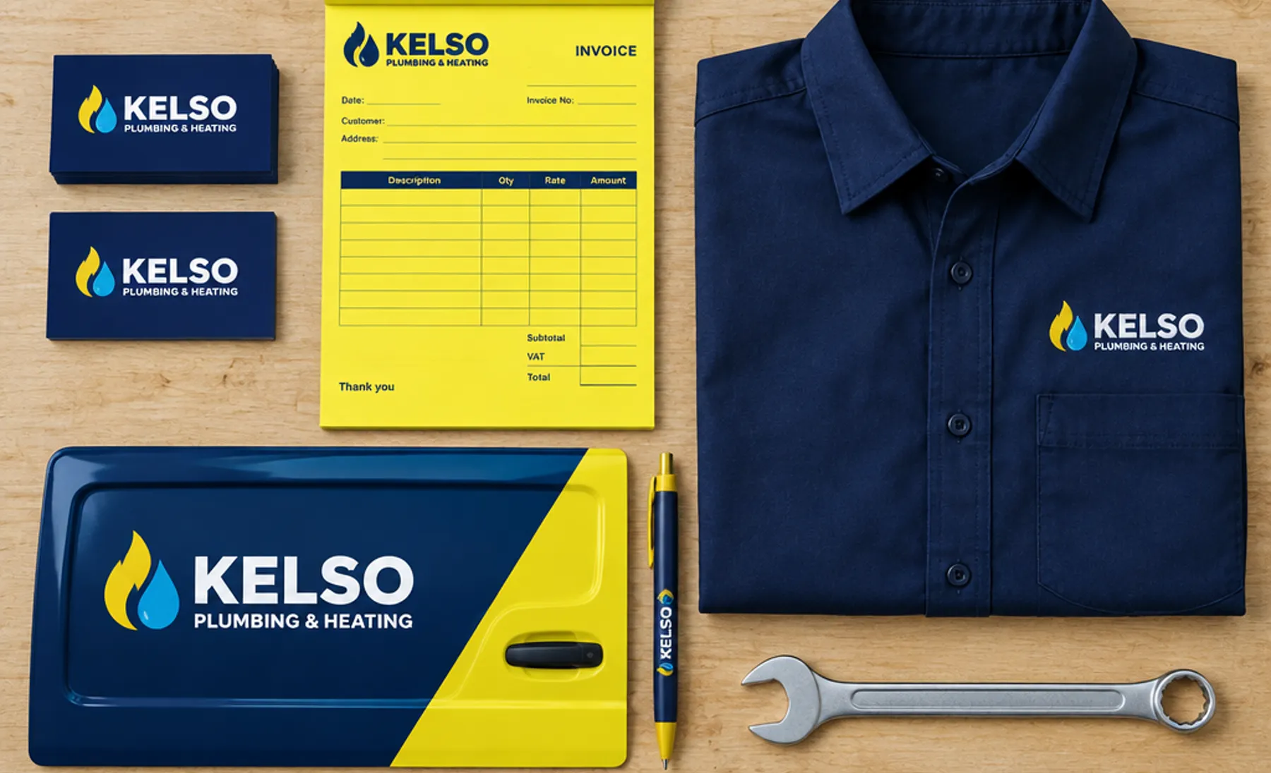 Example branding for an invented plumbing and heating firm, Kelso: navy and yellow business cards, an invoice pad, a van door panel and an embroidered work shirt