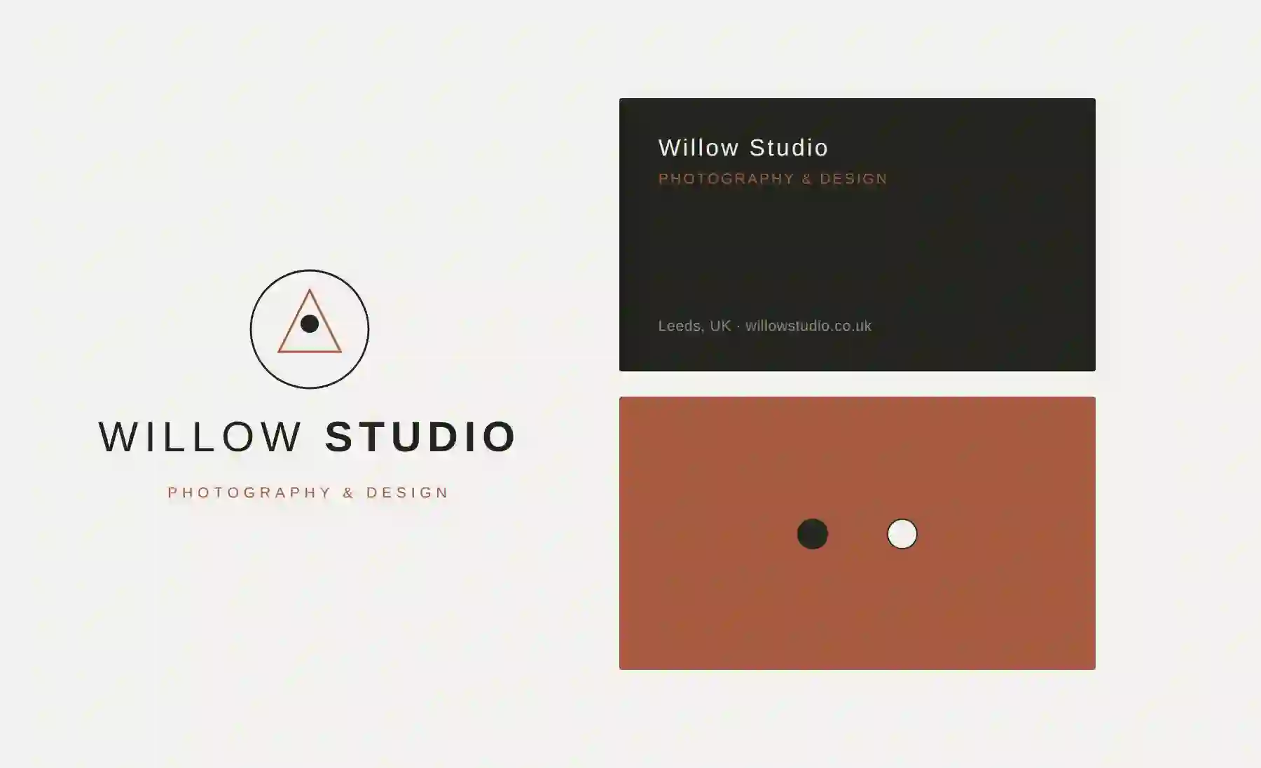 Example logo and business card design for an invented photography studio, Willow Studio — a minimal geometric mark with a modern wordmark, on charcoal and terracotta business cards