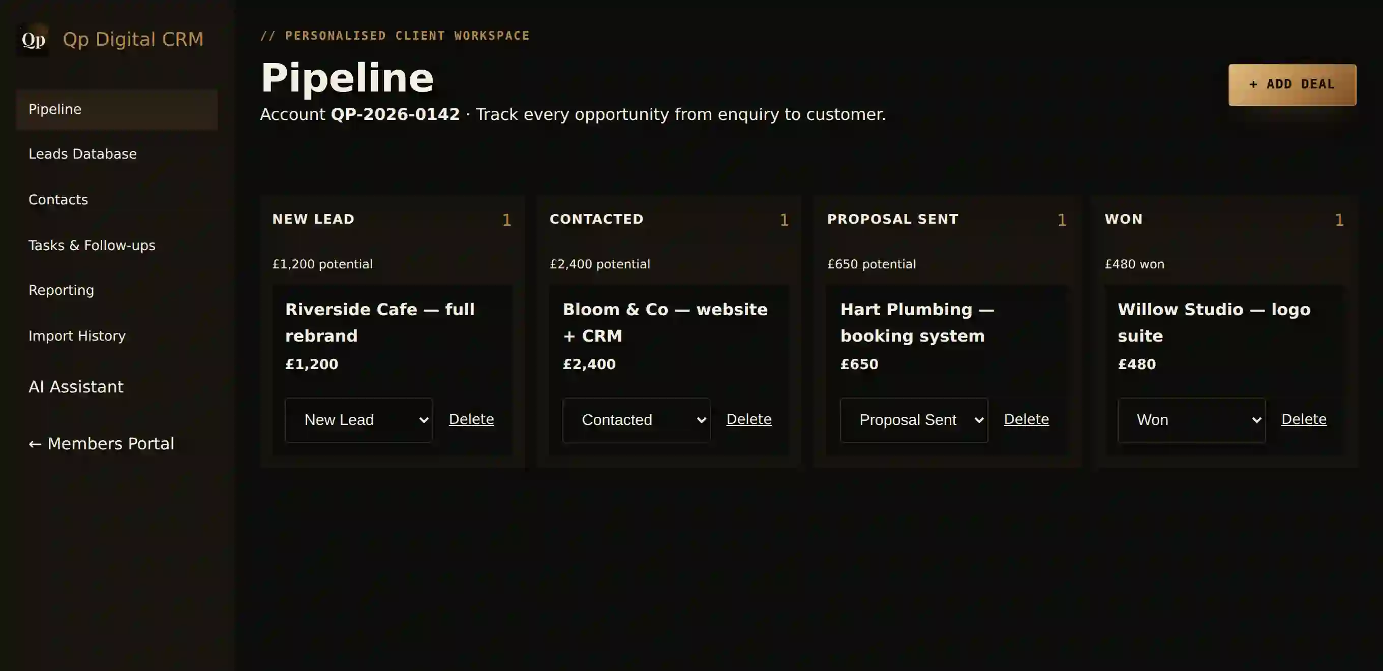 Real screenshot of the Qp Digital CRM pipeline board, showing deals moving through New Lead, Contacted, Proposal Sent and Won stages