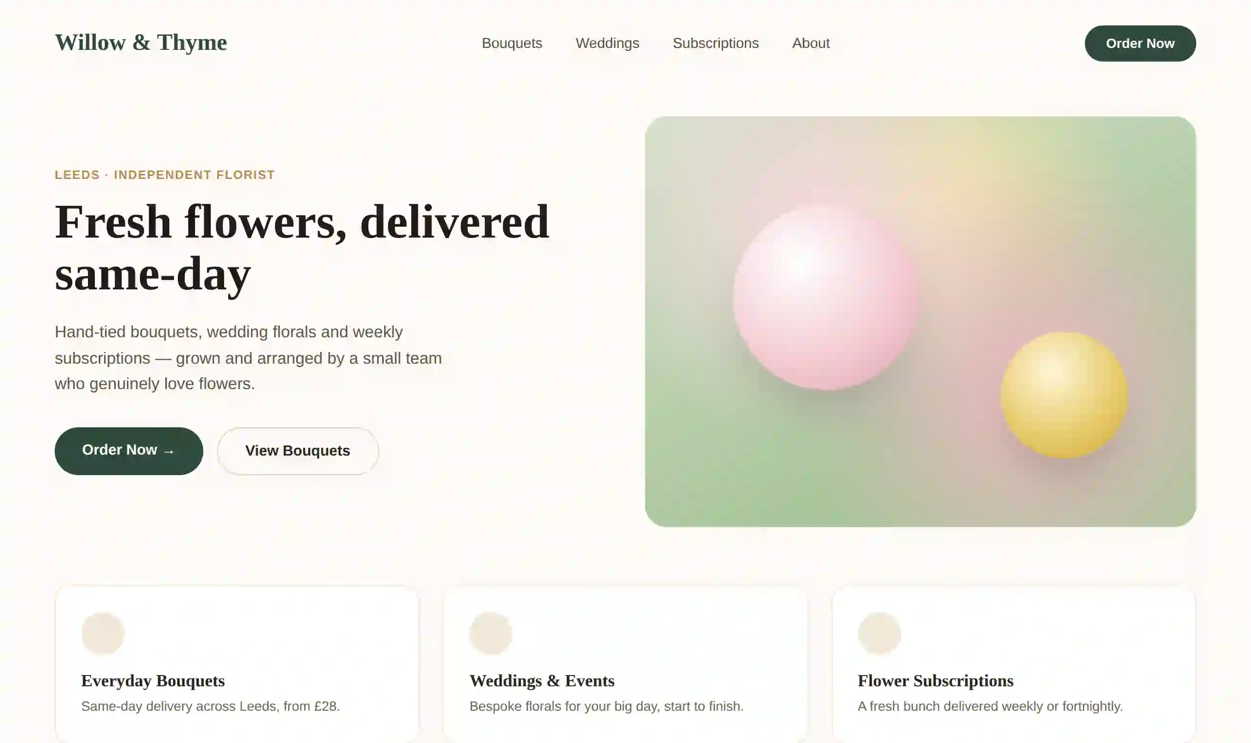 Example website design for an invented florist business, Willow & Thyme — soft cream and green colour palette, hero headline 'Fresh flowers, delivered same-day'