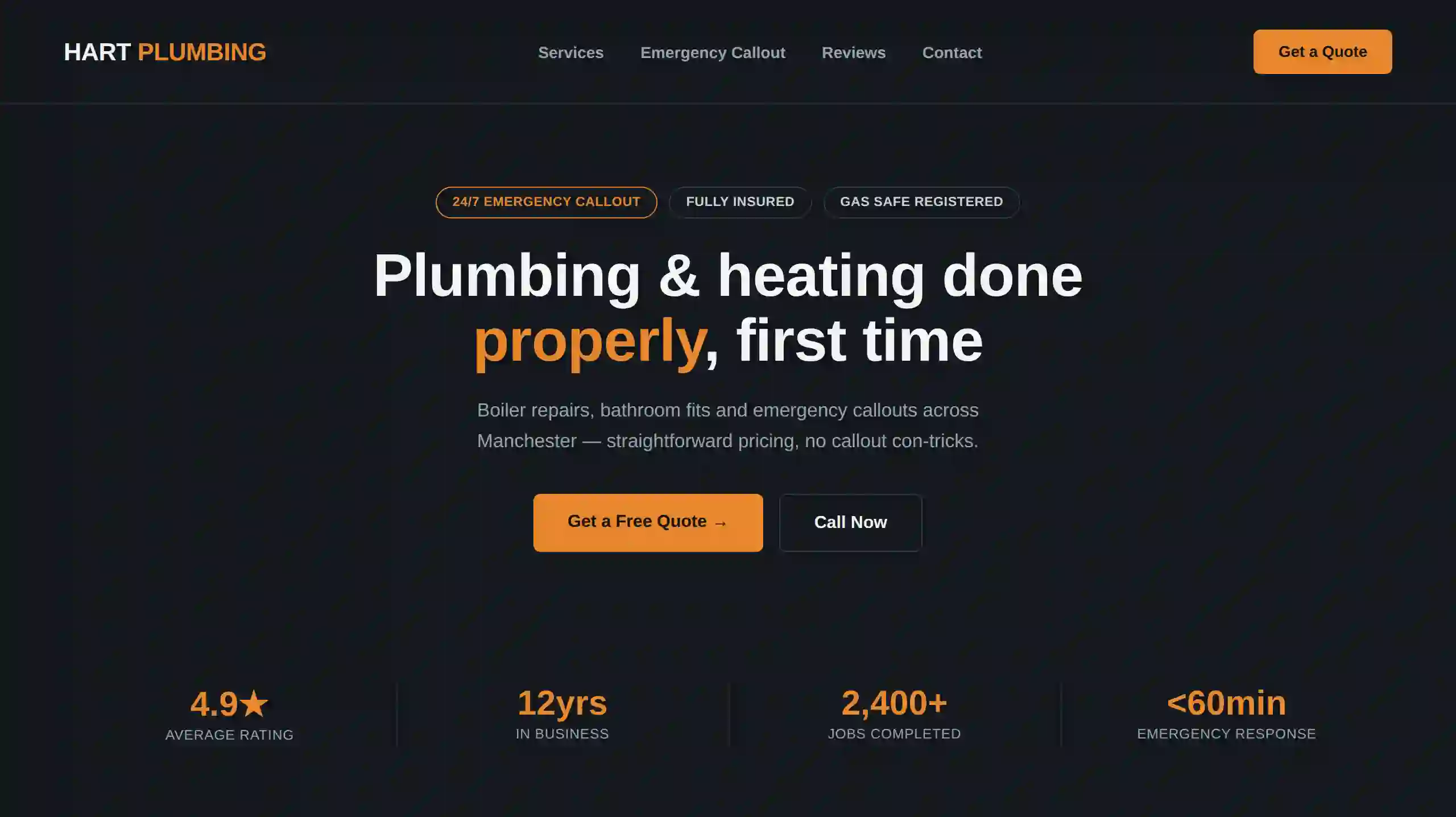 Example website design for an invented trades business, Hart Plumbing — bold dark theme with orange accent, trust badges and a stats bar