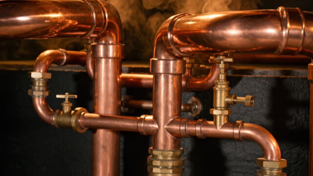 Polished copper pipes and brass valves on a charcoal wall
