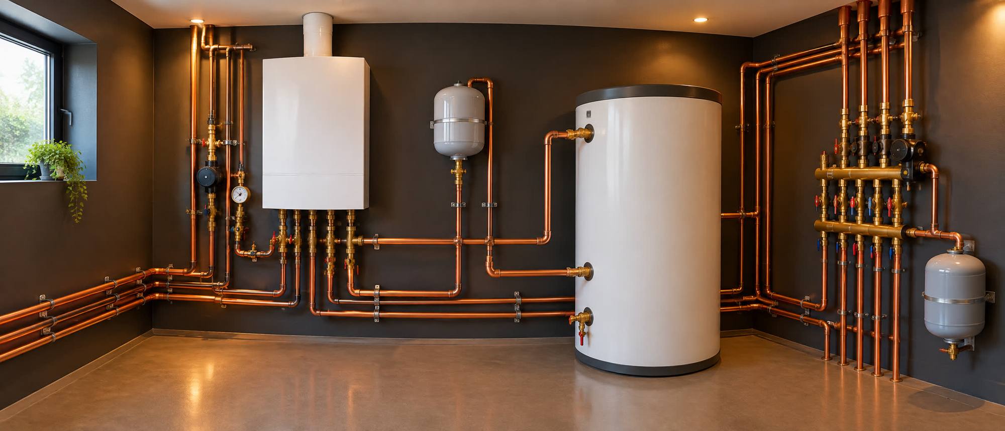 Copper pipework in a tidy plant room