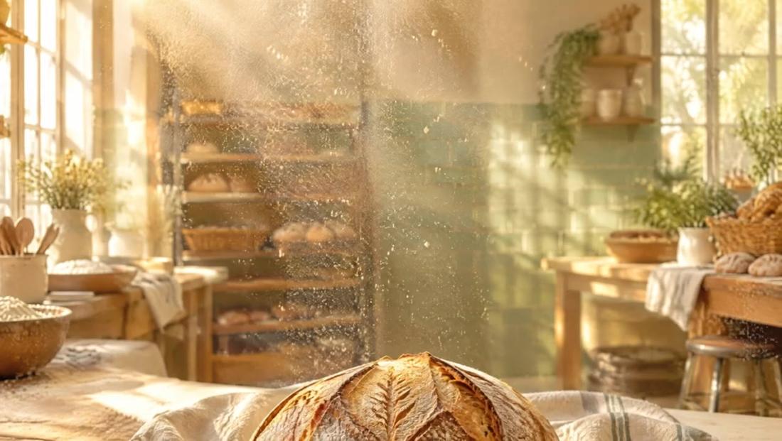 Flour drifting through sunbeams in the Crumb hero