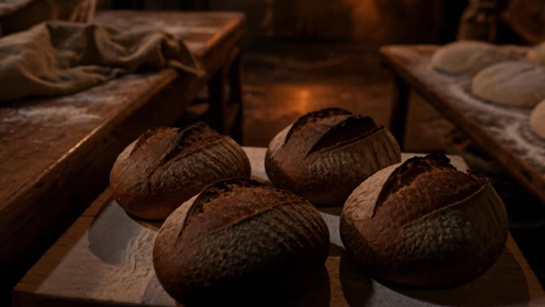 Dark crusty rye and sourdough loaves on a floured board