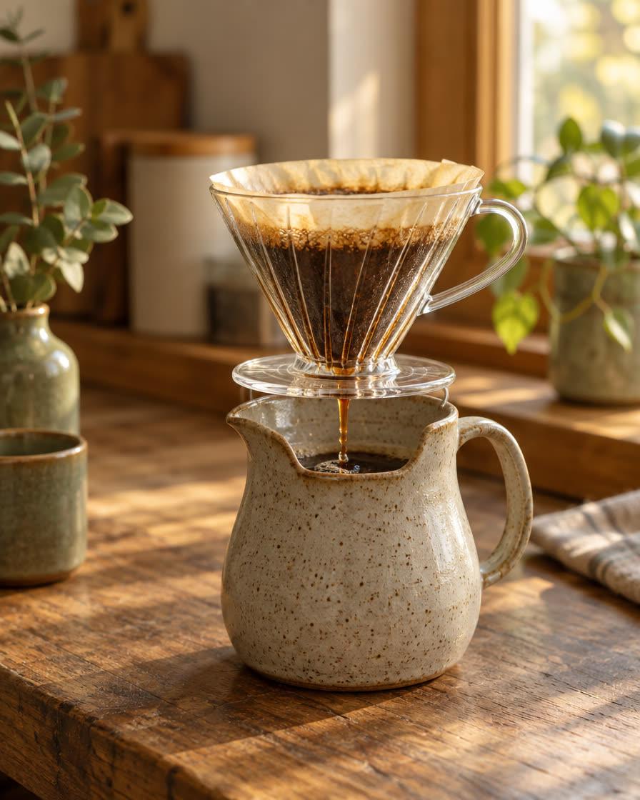 Pour over coffee dripping into a speckled ceramic jug