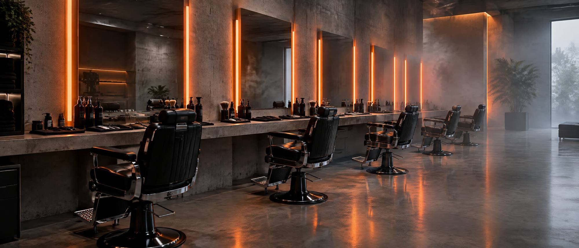 Black barber chairs and orange light strips in a concrete studio