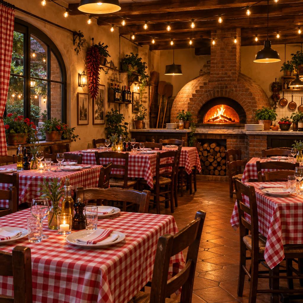 The pizzeria dining room in the evening