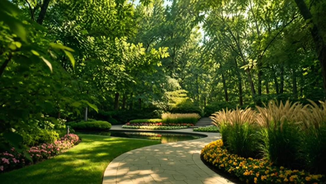 A landscaped garden with a stone path and pond