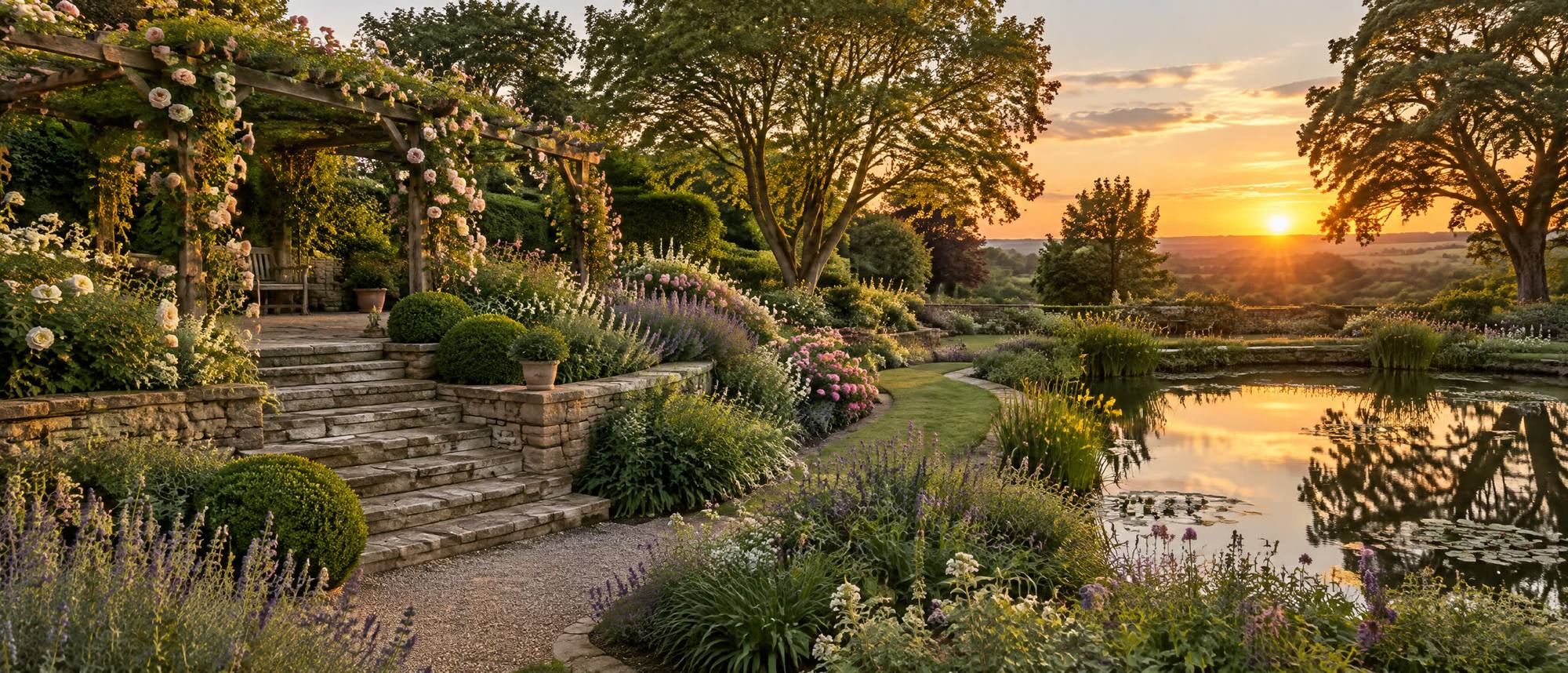 A designed English garden with stone terraces