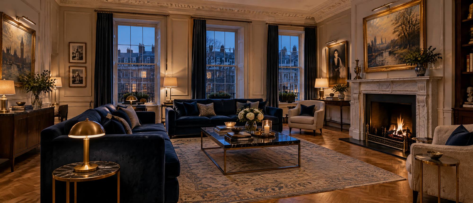 A townhouse drawing room in lamplight