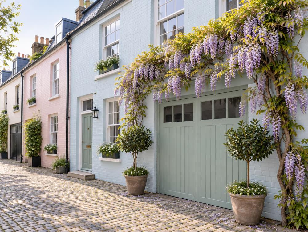 Pastel mews house with wisteria