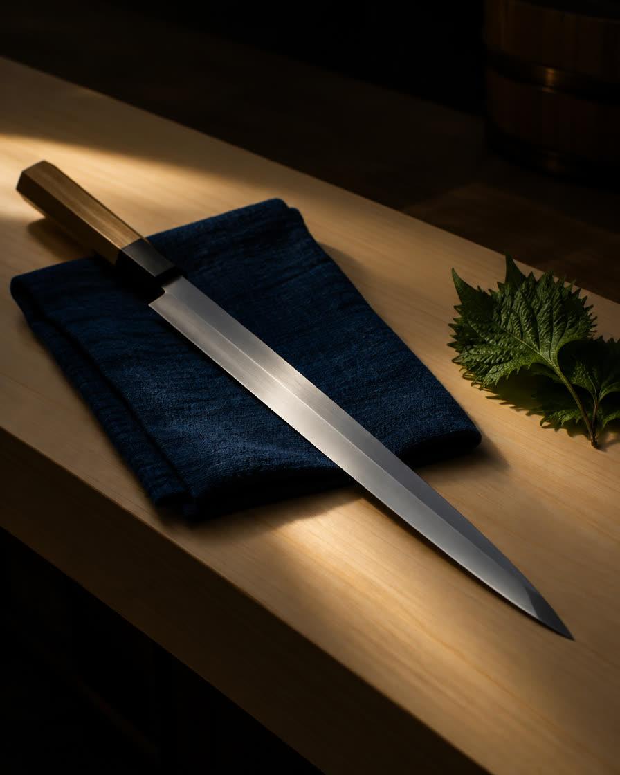A long sushi knife resting on an indigo cloth