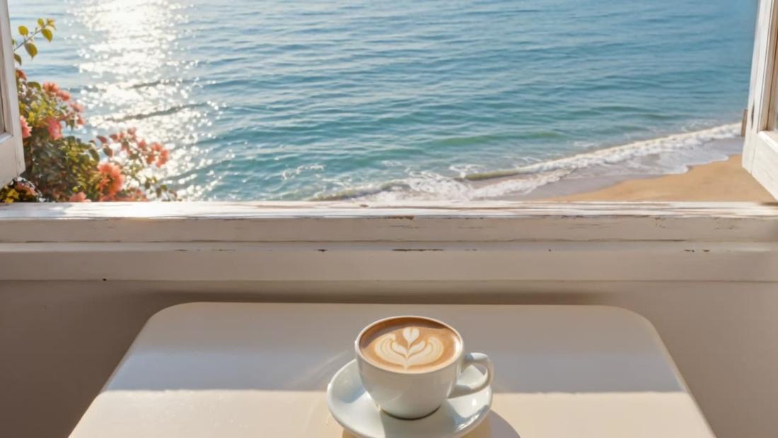 A cappuccino on a white windowsill with the sea behind