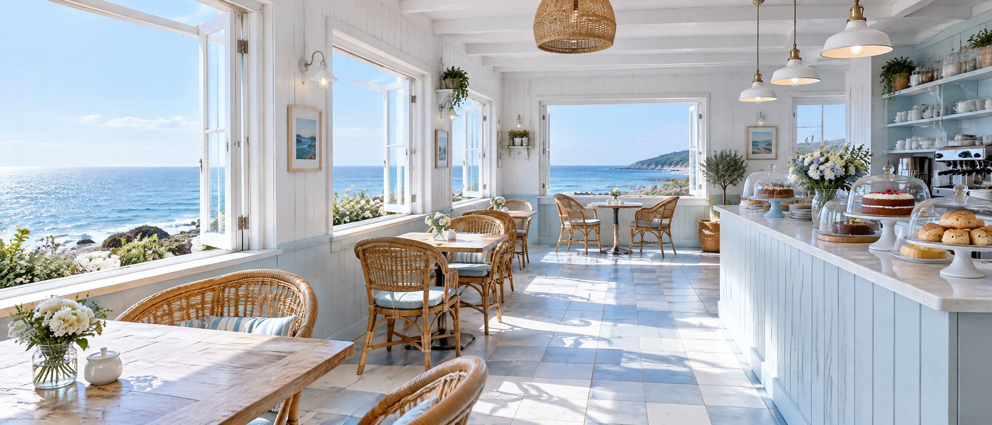 A bright seaside cafe interior