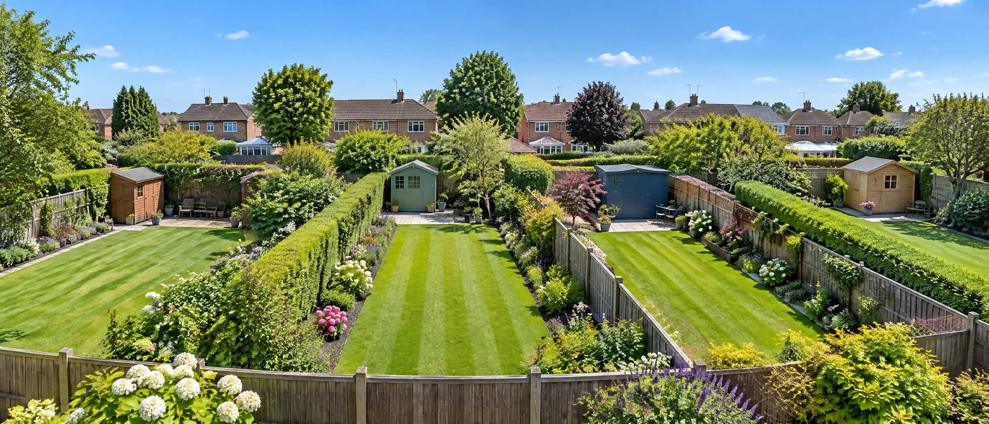 A row of back gardens with striped lawns