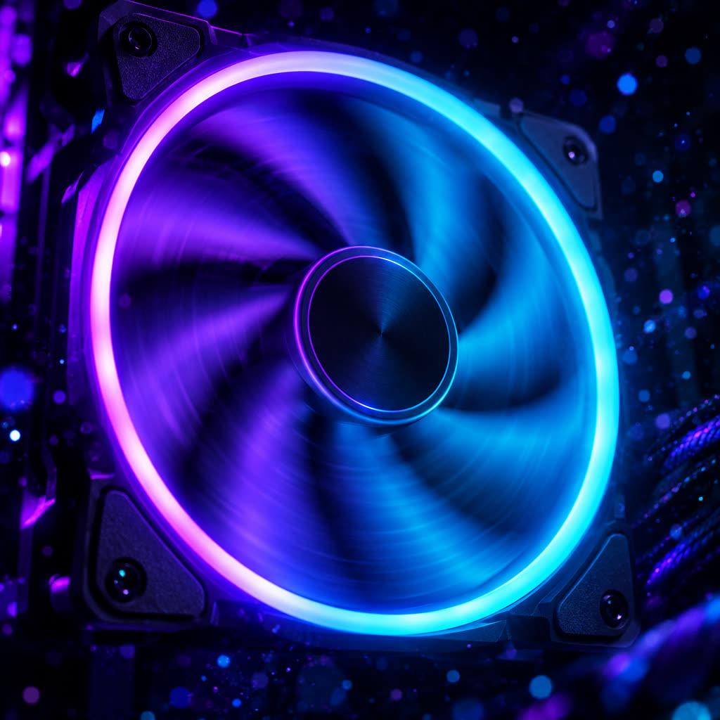 A glowing PC fan close up