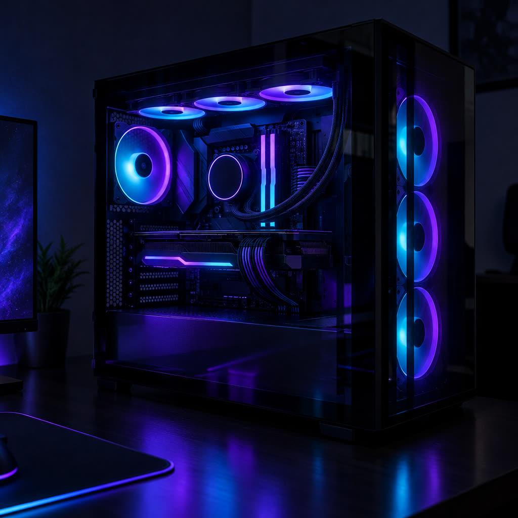 A custom PC with glowing violet and cyan lights